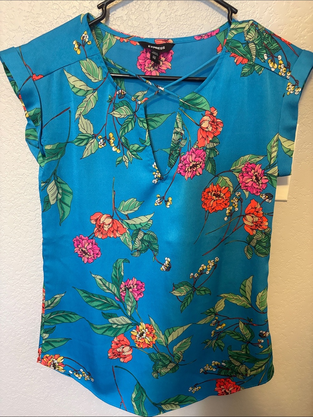 Express Blue Floral Crisscross Cap-Sleeve Blouse
